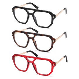 AMOMOMA Retro Square Aviator Reading Glasses for Women,Blue Light Blocking Computer Readers reading glasses men AM6166 Black/Tortoise/Red 3.00