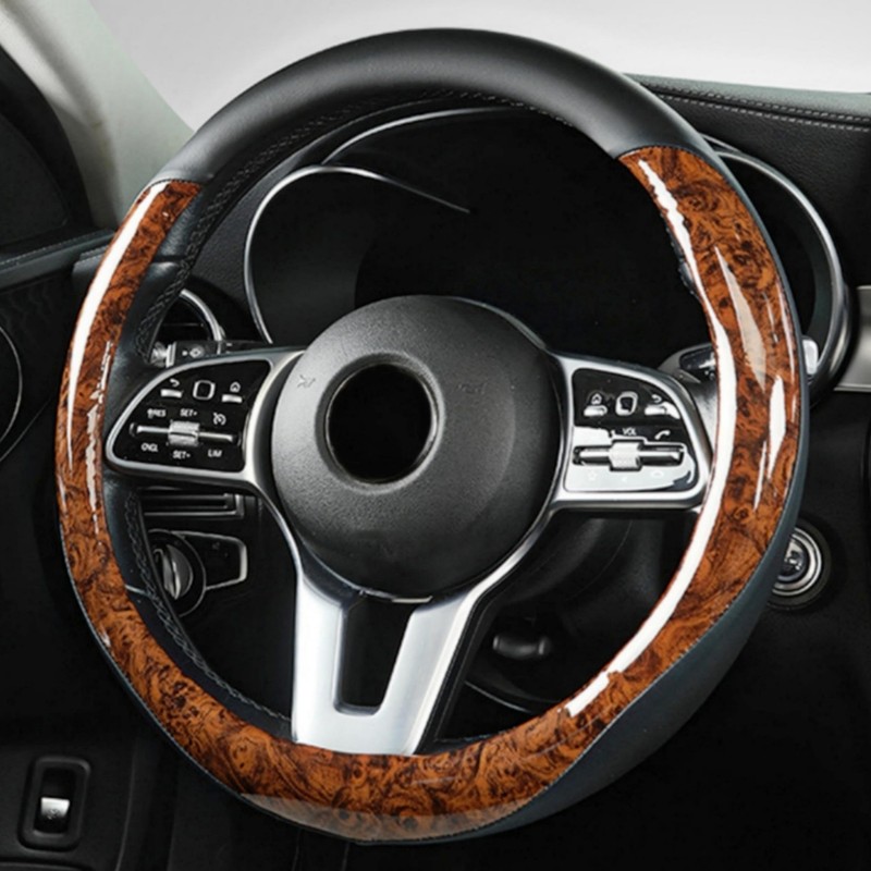 BANLIE Wood Grain Steering Wheel Cover Microfiber Leather Breathable Anti