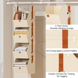 Homsorout Hanging Closet Organizer 4 Tier - Clothes Hanging Shelves, Space-Saving Closet System, Fabric Storage Bins Bedroom Organization, Collapsible Baskets for Home, Dorm, Rv, Beige