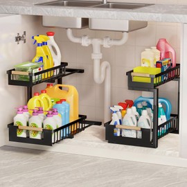 Under the Sink Organizer, 2 Tier Large Pull Out Under Bathroom Sink Organizer with Adjustable Height, Metal Under Cabinet Organizer and Storage for Counter Kitchen Vanity Laundry, Black 2 Packs