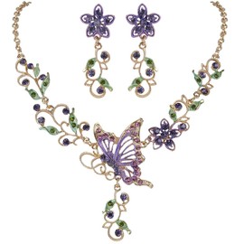 EleQueen Women's Austrian Crystal Butterfly Flower Leaf Necklace Earrings Set Gold-Tone Purple