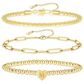 Dainty Gold Initial Bracelets for Women Gold Charm Letter M Stretch Beaded Bracelet 18K Gold Plated Stack Paperclip Link Chain Bracelet Set Sparkle Twist Rope Alphabet Bracelet Gifts for Women (M)