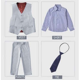 SaiLiiny Boys 4-Piece Suit Vest Set with Dress Shirt and Pants, Adjustable Waist, Boy Suit Size 7 Light Gray