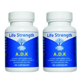 Life Strength ADK Supplement (90 CT) - Physician Formulated Vitamins A1, D3 & K2 (as MK7) for Bone Health - Immune System Support - Gluten Free, Soy Free, Non-GMO - Pack of 2