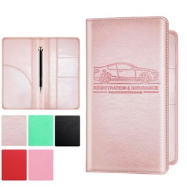 PLOJOP Car Registration and Insurance Card Holder, Leather Vehicle Insurance Card Holder Glove Box Compartment Organizer, Car Wallet Case for License Cards, ID Card, Business Card (Rose gold, L)