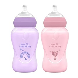 Evenflo Advanced Biberones Anticólicos Cuello Ancho, Rosa y Lila, Flujo Medio, 270ml, Silicón Libre de BPA, Sistema Doble Válvula, 2 Piezas