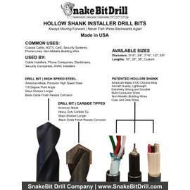 SnakeBit Drill 3/8" x 18" Wood & Masonry Cable Installer Drill Bit - Hollow Shank - 2 Pack - MADE IN USA
