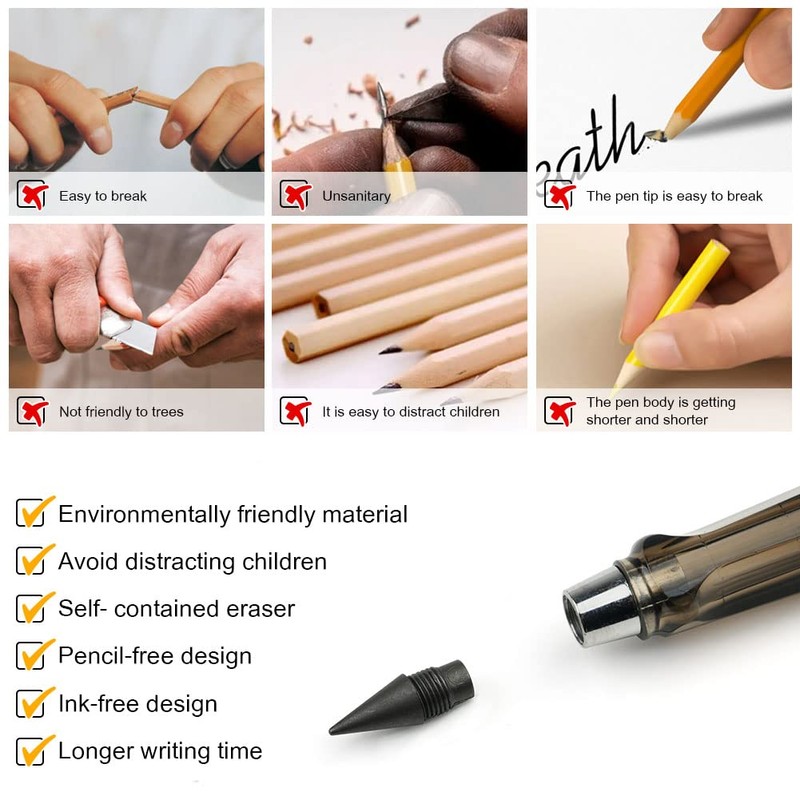 AUAUY 5PCS Everlasting Pencil, Infinity Pencil with Eraser and Replacement