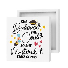 Graduation Decorations 2025, Graduation Gifts, She Believed She Could So She Mastered It Wood Box Sign Decor Desk Sign Graduation Gifts for Women Daughter Roommate Friends Decor