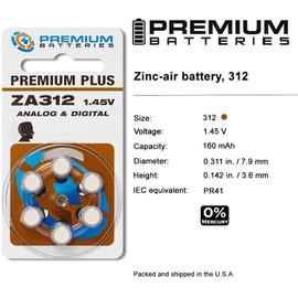 Premium Batteries Size 312, PR41, P312, ZA312 1.45V Zinc Air Hearing Aid Batteries Brown Tab (300 Batteries)