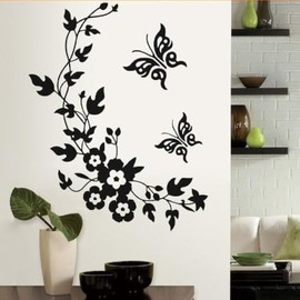 Black Wallpaper Butterfly Flower Wall Stickers Decal Home Decoration Removable Mural Decor, DIY Wall Stickers and Murals