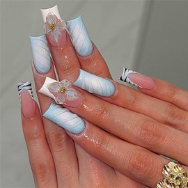 IMRAIN Press on Nails Medium Square Fake Nails Blue White Ombre Glossy Acrylic False Nails Full Cover 3D Flower Glue on Fingernails for Women Nail Manicure Art Summer Squoval Stick on Nails