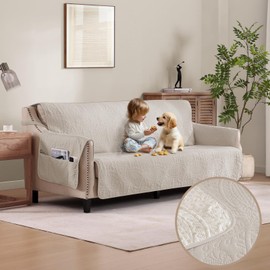 Pamhaven Soft Quilted Couch Cover with Pockets for Extra-Large Sofa, Anti-Slip Sofa Covers Washable for 3 Cushion Pet Friendly, Oversized Sofa Cover Water-Repellent (X-Large Sofa 78", Beige Cream)