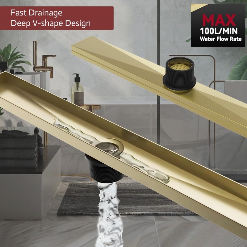 muschbath 32 Inch Linear Shower Drain, Brushed Gold Shower Drain,