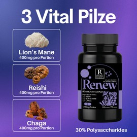 Resilient Roots Renew Mushroom Complex | Reishi Lion's Mane Chaga | 30% Polysaccharides | 120 Capsules | 1200mg per Tin