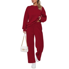 Ekouaer Pajamas for Women 2 Piece Lounge Set Long Sleeve Sleepwear Comfy Fuzzy Pjs Crew Neck Nightwear with Poeckts Burgundy,X-Large