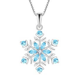 PYNYZ Snowflake Necklace 925 Sterling Silver Snowflake Created Aquamarine Birthstone Pendant Christmas Jewelry for Women