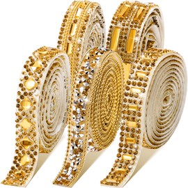 5 Rolls Crystal Rhinestone Ribbon Shiny Rhinestone Ribbon Resin Diamond Ribbon Self-Adhesive Crystal Rhinestone Diamond Ribbon Bling Ribbon for Art Craft DIY Party Decor (Tawny, Mixed Style)