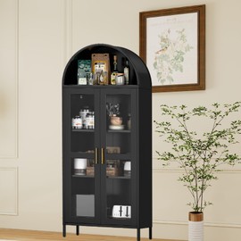 73 in Arched Metal Storage Cabinet, Kitchen Pantry Cabinet with Glass Door, 2 Adjustable Shelves, Modern Farmhouse Display Bookshelf, Freestanding Display Cabinets for Living/Dinning Room Black