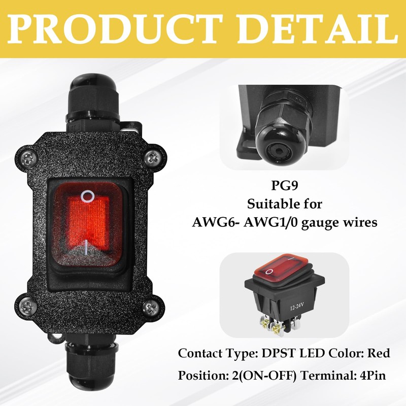 HONSNKS Inline Cord Switch DC 12V 30A DPST Outdoor Electrical