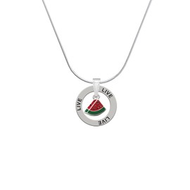 Delight Jewelry Silvertone Mini Enamel Watermelon Slice - Live Ring Charm Necklace, 18"
