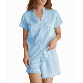Xfileen Women's Short Sleeve Button Down Lace Trim Top and Shorts Cotton Pajama Sets Summer 2 Piece Shorts Soft Sleepwear