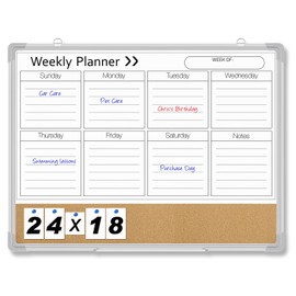 Lincia 24 x 18 Inches White Board Weekly Calendar Dry Erase 2-in-1 Whiteboard Cork Board Combo Weekly Planner Whiteboard Wall Magnetic for Wall Aluminum Frame Calendar Home Office Project