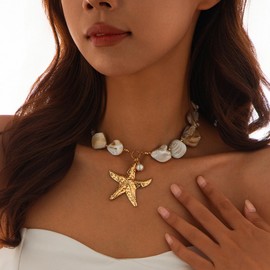 Gold Starfish Shell Necklace for Women Boho Conch Seashell Pearl Necklace Punk OT Clasp Chunky Paperclip Chain Shell Necklaces Beach Summer Starfish Jewelry Gifts Trendy Stuff