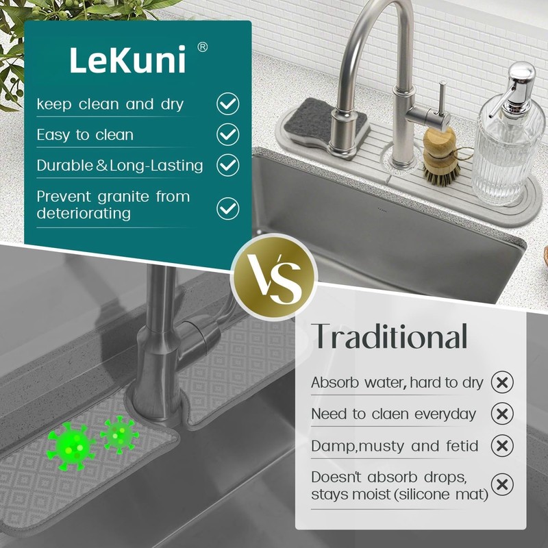 LeKuni Dish Drying Mat Sink, Diatomaceous Earth Stone Sink Splash