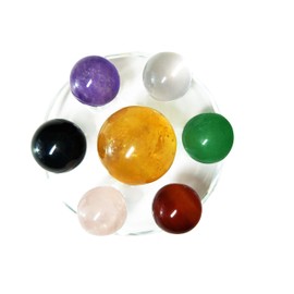 Set of 7 Natural Chakra Crystal Balls with Stand, Made of Yellow Calcite, Black Obsidian, Rose Quartz, Clear Quartz, Green Aventurine, Amethyst & Red Agate Spheres, for Healing Meditation