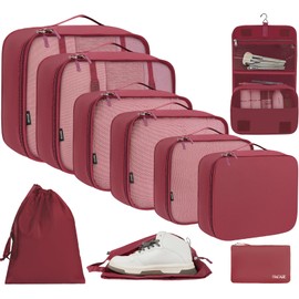 BAGAIL - Juego de 10 cubos de embalaje de varios tamaños, organizador de embalaje para accesorios de viaje, veliz de transporte, color burdeos