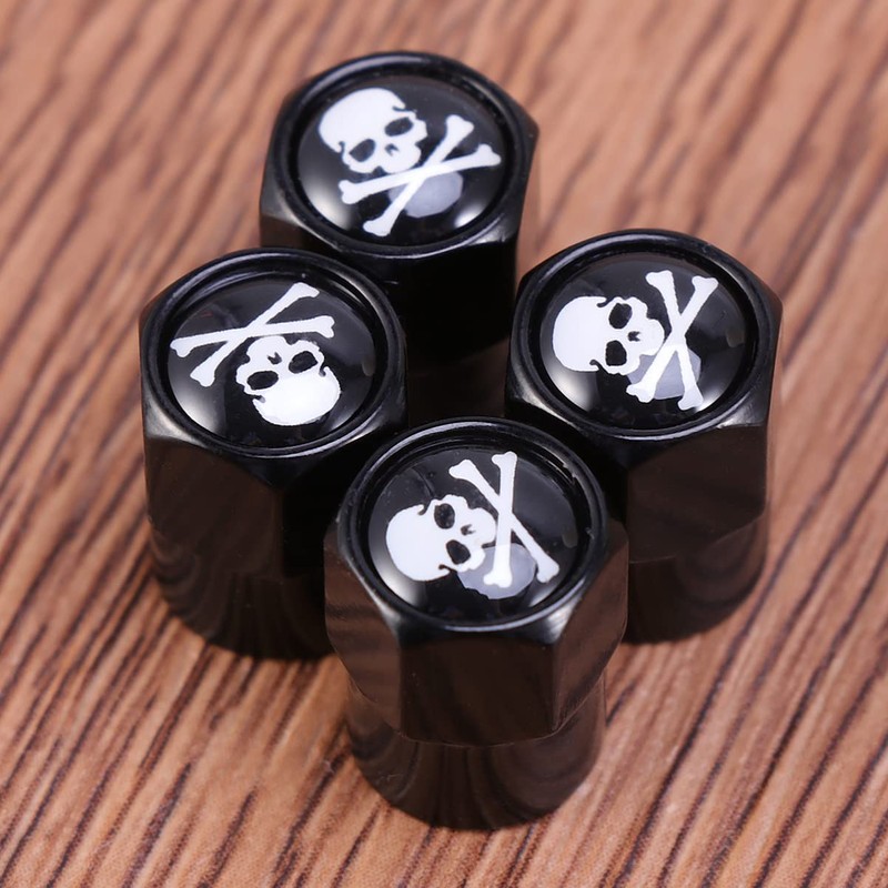 VICASKY Universal Fitment Valve Caps Skull Pattern 4pcs Black Car