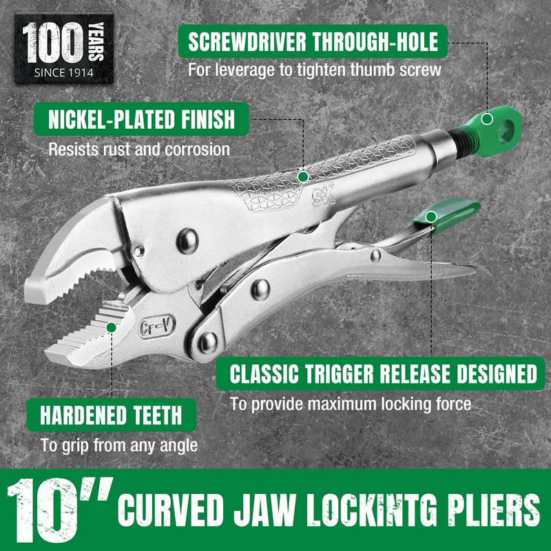 SK 10" Curved Jaw locking Pliers, Premium CR-V Construction, Ergonomic
