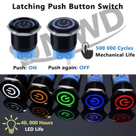 2Pcs 22mm Metal Latching Push Button Switch 12V-24V ON/Off 1NO 1NC Waterproof IP66 Black Shell with Wire Socket for 7/8’’ Mounting Hole Power Symbol Light (Red LED)