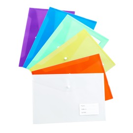 LeTradeJP A4 Clear File, Button-type File Bags, Envelope Type, Horizontal Type, with Tag Pocket, Waterproof, Document Organizer, Document Storage, Stationery, 6 Colors, Set of 6