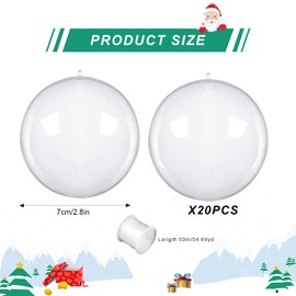 Pack of 20 Clear Acrylic Baubles Plastic Baubles Plastic Filling Ball Ornament Transparent Ball Hanging Ornaments for Christmas Tree Decorations, Wedding Party Decoration (70 mm)