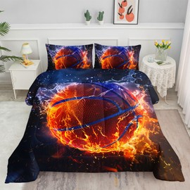Basketball Fire Court Comforter Set Ball Sports Games Printed Bedding Set with 1 Comforter and 2 Pillowcases for Boys and Girls Bedroom All Season(Basketball Twin