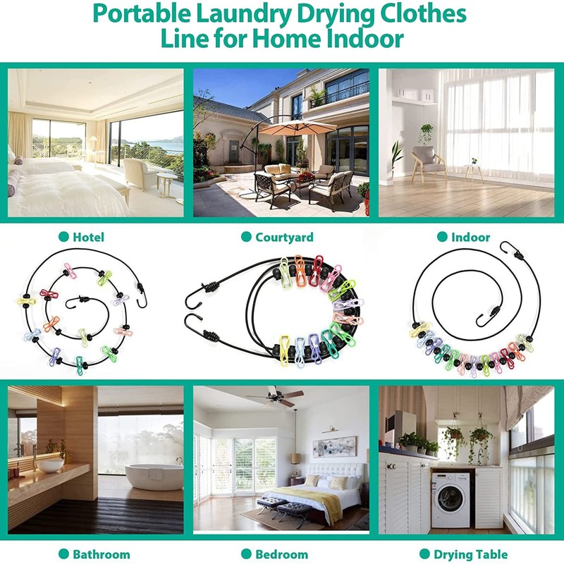 Portable Clothesline with 12 Clothes Pins - Travel Retractable Clothesline