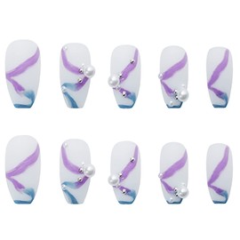 24Pcs Press on Nail Medium Length Fake Nail Square Shape With Pearl Design Full Cover Silk Ribbon Fake Nails Artificial Nails for DIY Nail Art Salon Gifts for Women and Girls