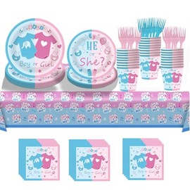 101PCS Party Plates Supplies Kit for Gender Reveal,Boy or Girl Birthday Party,Baby Shower Pink and Blue Disposable plates,Napkins,tablecloth,Paper Cups, fork,Serves 20.