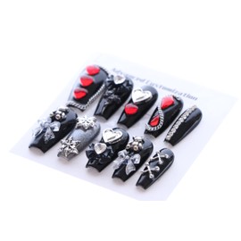 PN-001 Press-On Nails Reusable Artificial Nails Glamour Fingernails Varnished Pack of 10 Gothic Style Heart Rhinestones Black