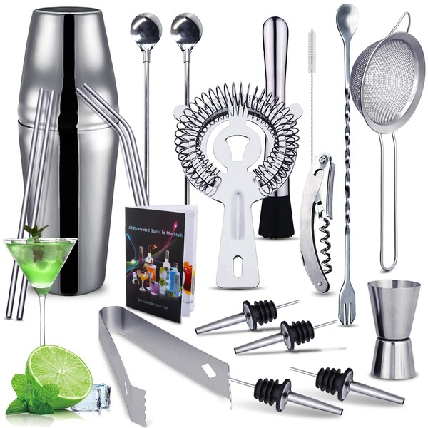 Purpledi Cocktail Shaker Set, Stainless Steel 20 Pieces Cocktail Bar Set, Bar Accessories, 750 ml Professional Cocktail Mixing Set of Drinks, Gifts for Cocktail Lovers, Bartender Set for Home Bar