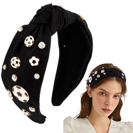 Hapdoo Black Soccer Rhinestone Jeweled Knotted Headbandn Wide Game Day Sports Hair Accessories Gift for Soccer Fans