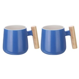QUARKZMAN 2 Stück Keramik Kaffeetasse 12,85 Unzen Einfacher Holzgriff Große Kaffeetassen Handgemachte Keramik Teetasse für Latte Kaffee Tee Suppe für Büro Zuhause und Geschenke, Blau