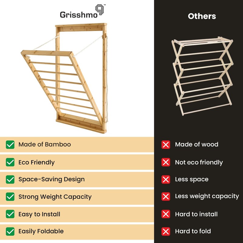 GRISSHMO Clothes Drying Rack, Foldable Bamboo Wall Mounted Laundry Rack