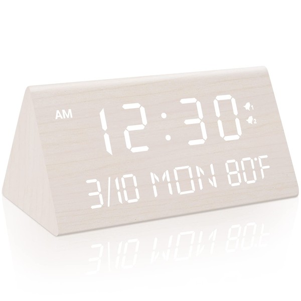 Kogonee Wooden Digital Alarm Clock, 0-100% Dimmer, 2 Alarm Settings, Weekday/Everyday Mode, 9 Mins Snooze, 12/24H, Temperature and Date Display for Office, Travel, Bedroom Alarm Clock (White)