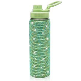 22oz Stainless Steel Bling Crystal Water Bottle Rhinestone Vacuum Insulated Bottle with Spout Lid Reusable Double-Wall Glitter Sport Bottle Gift for Women Girl (Green)
