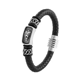 BIYONGDE Mens Black braided leather Bangle Bracelet, Vintage Steel Judah Lion Head and Bead Charms Hexagon Clasp
