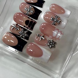 Handmade Black & White Croc French High Gloss Luxury Press On Nails Nail Art Nail Care - Shape: Almond, Length: Short, Size: Medium