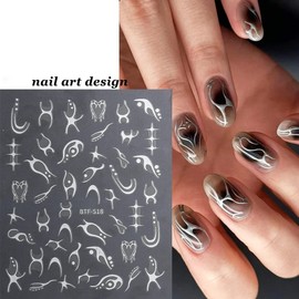 3D Nail Flame Stickers, Metallic Gothic Nail Decals Designer Nail Art Supplies White Black Gold Stripe Line Self-Adhesive Nail Design for Nail DIY Decoration for Women French Nail Art 6 Sheets